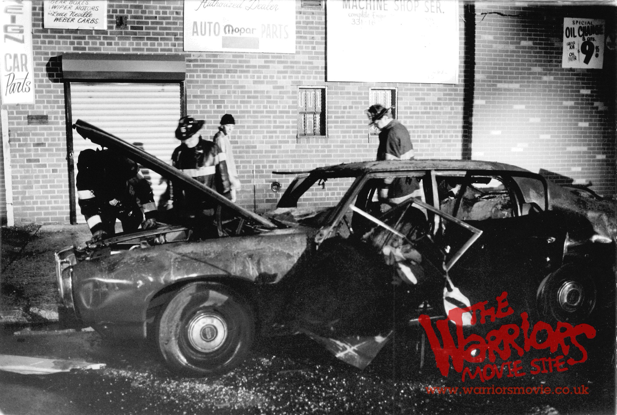 Photo of the car after The Warriors bombed it with a Molotov.